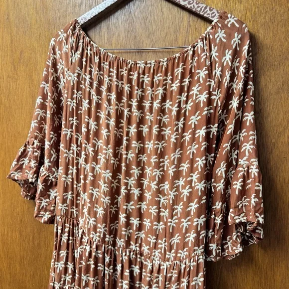 Natalie Martin Silk Palm Tree Print Short Sleeve Maxi Dress Brown Small S READ - Picture 7 of 16